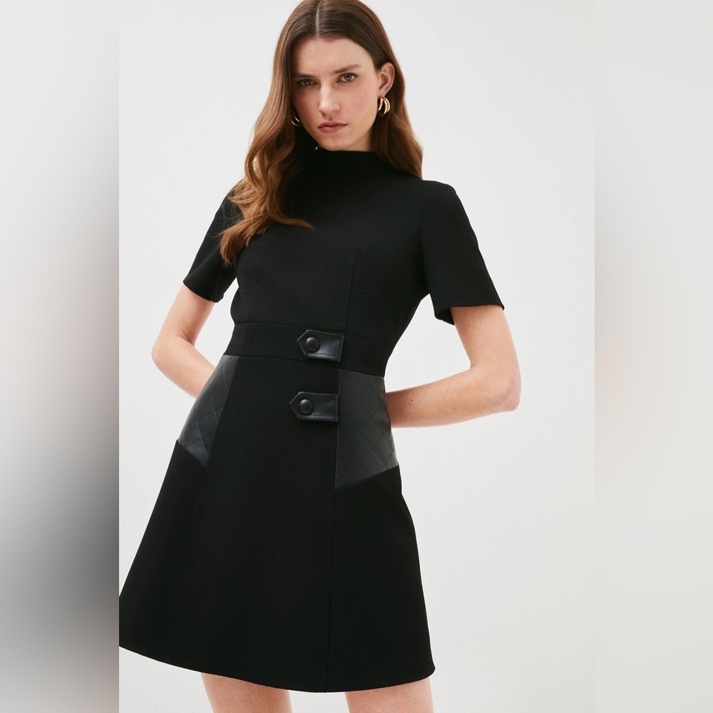 Karen Millen Structured Crepe Pu Contrast A Line Dress in Cream